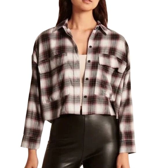 Abercrombie & Fitch 90s Cropped Flannel White Gray Pink Size S - Picture 1 of 4